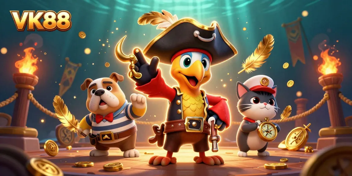 Experience the vibrant thrill of VK88 casino with pirate characters amidst gold coins and dynamic gaming elements.