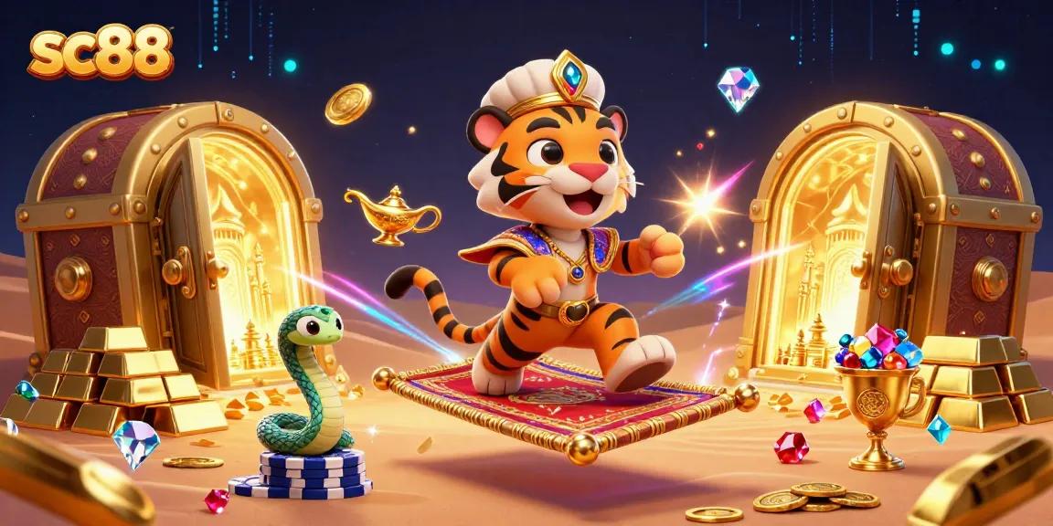 Experience the excitement of sc88 with a vibrant 3D casino illustration showcasing a magical tiger sultan and treasures.