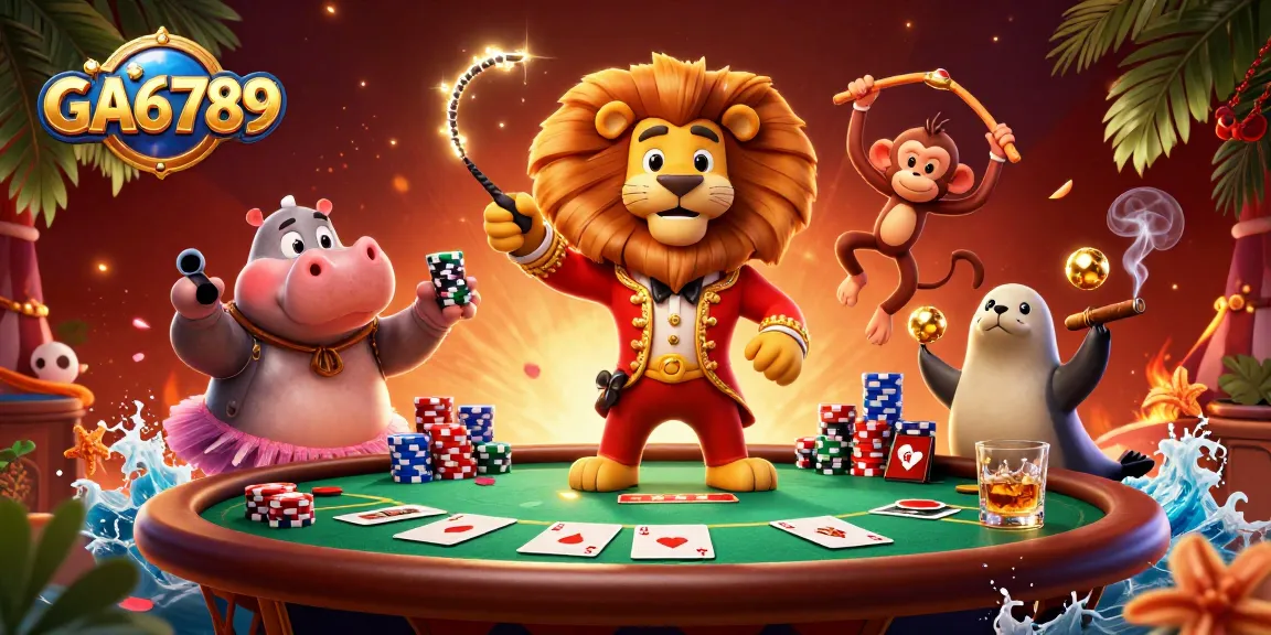 FA of GA6789 where a lion ringmaster leads a vibrant circus scene filled with poker elements.