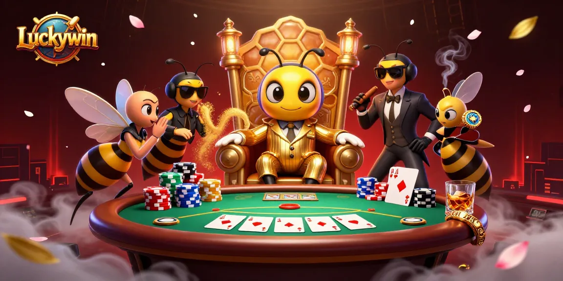 Luckywin showcases immersive poker action with a cartoon bumblebee mob boss in a vibrant casino scene.