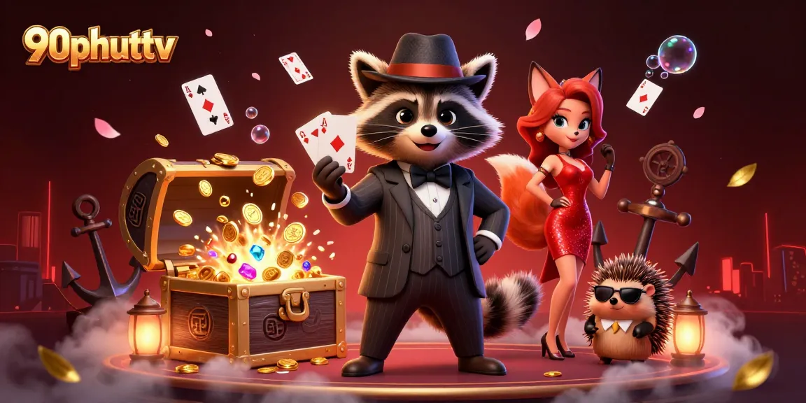 90phuttv showcases a suave raccoon, charming fox, and hedgehog in a dynamic poker scene.
