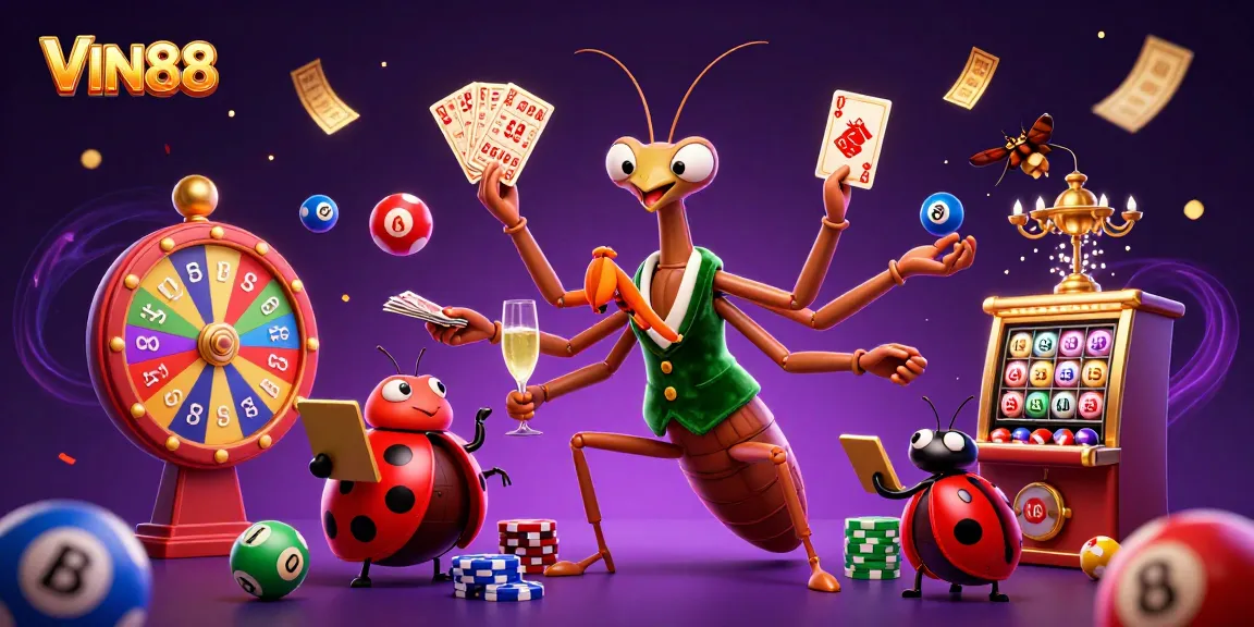Explore the vibrant world of VIN88 with a dynamic casino scene featuring colorful game elements.