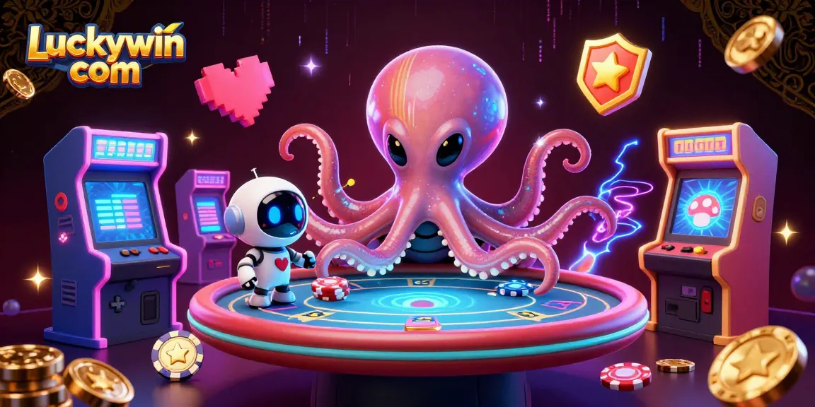 Experience the excitement of gaming with Luckywin com featuring an alien octopus at a holographic poker table.