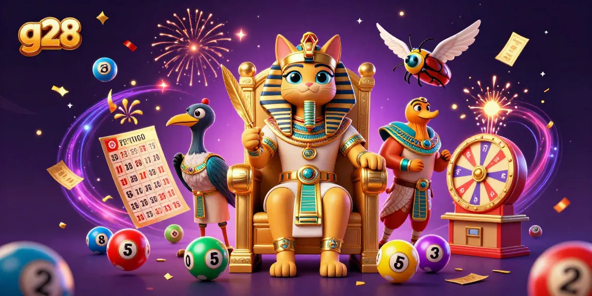 g28 lottery scene showcasing a cartoon pharaoh cat and scribe surrounded by vibrant gaming elements.