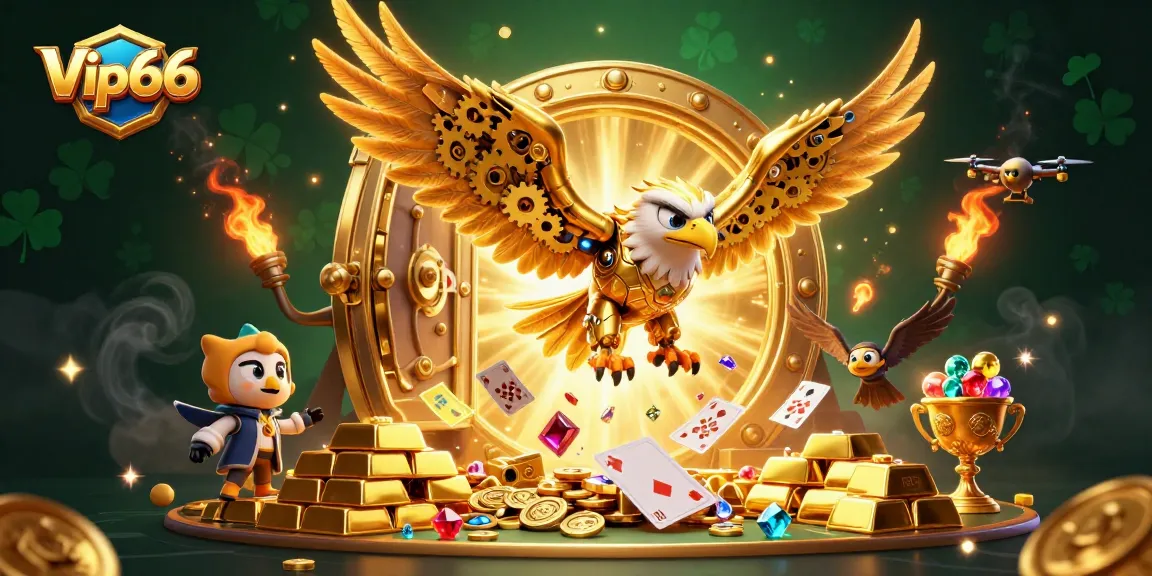 Experience the excitement at Vip66, featuring a cybernetic eagle surrounded by vibrant casino elements.
