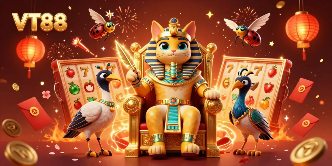 Play thrilling casino games at VT88 with a vibrant illustration featuring a pharaoh cat and festive elements.
