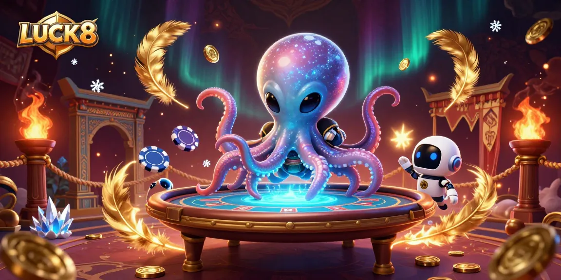 Join the exciting LUCK8 gaming scene with an alien octopus dealing cards at a holographic poker table.