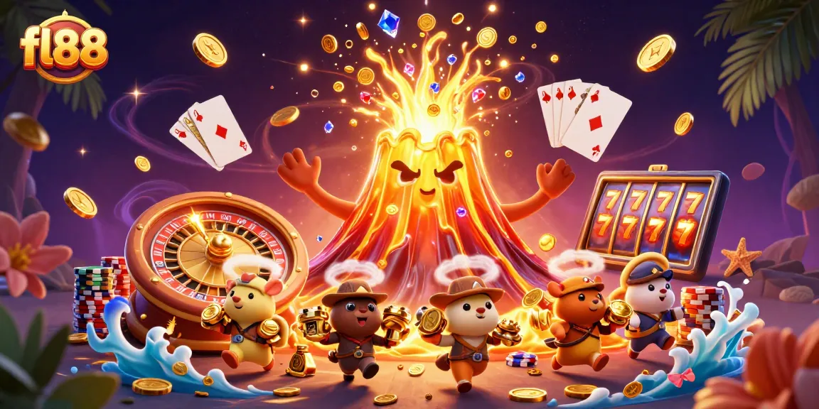 Experience the fl88 online gaming excitement with a dynamic eruption of golden treasures and vibrant casino elements.