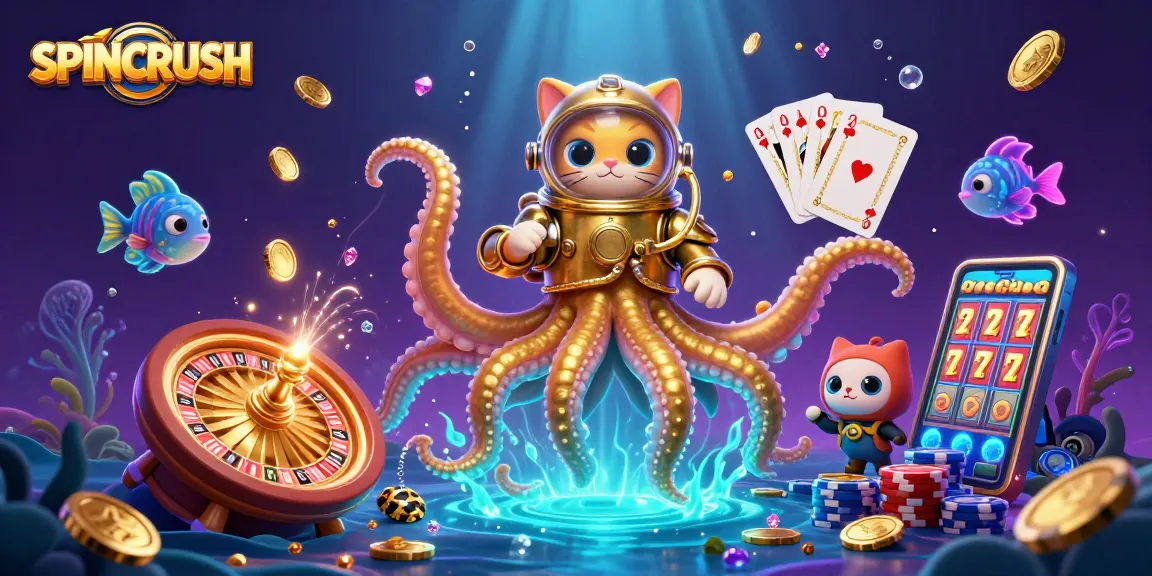 Experience SPINCRUSH with golden rewards and thrilling gameplay illustrated in a dynamic scene.