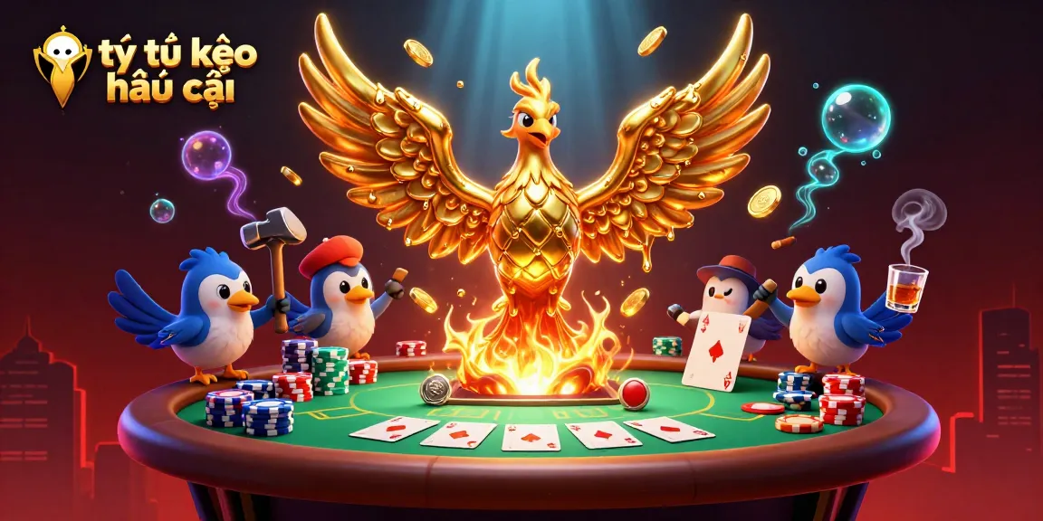 Engaging scene showcasing tỷ lệ kèo nhà cái with golden phoenix, poker elements, and vibrant casino atmosphere.