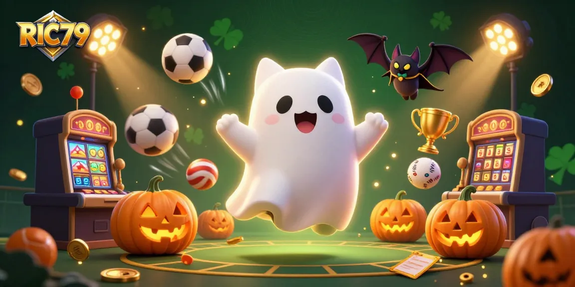 Experience thrilling gaming at RIC79 with a spooky casino scene featuring a friendly ghost cat.