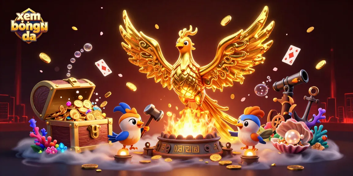 Experience xem bóng đá in style with golden phoenix and vibrant casino elements in a dynamic 3D illustration.