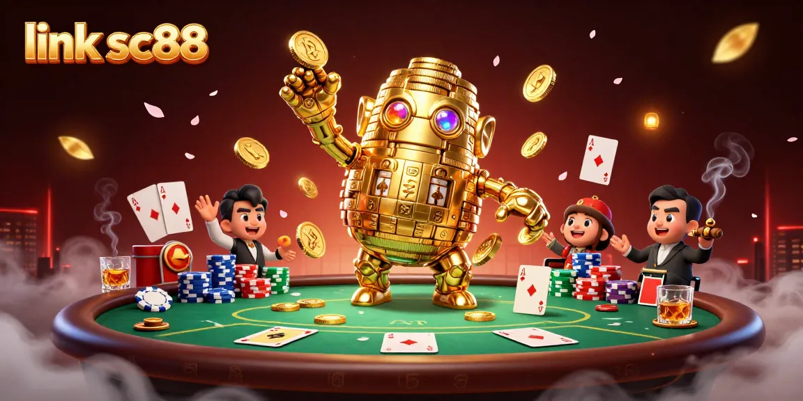 Engage in thrilling gameplay at link sc88 with dazzling poker tables and a golden golem mascot.