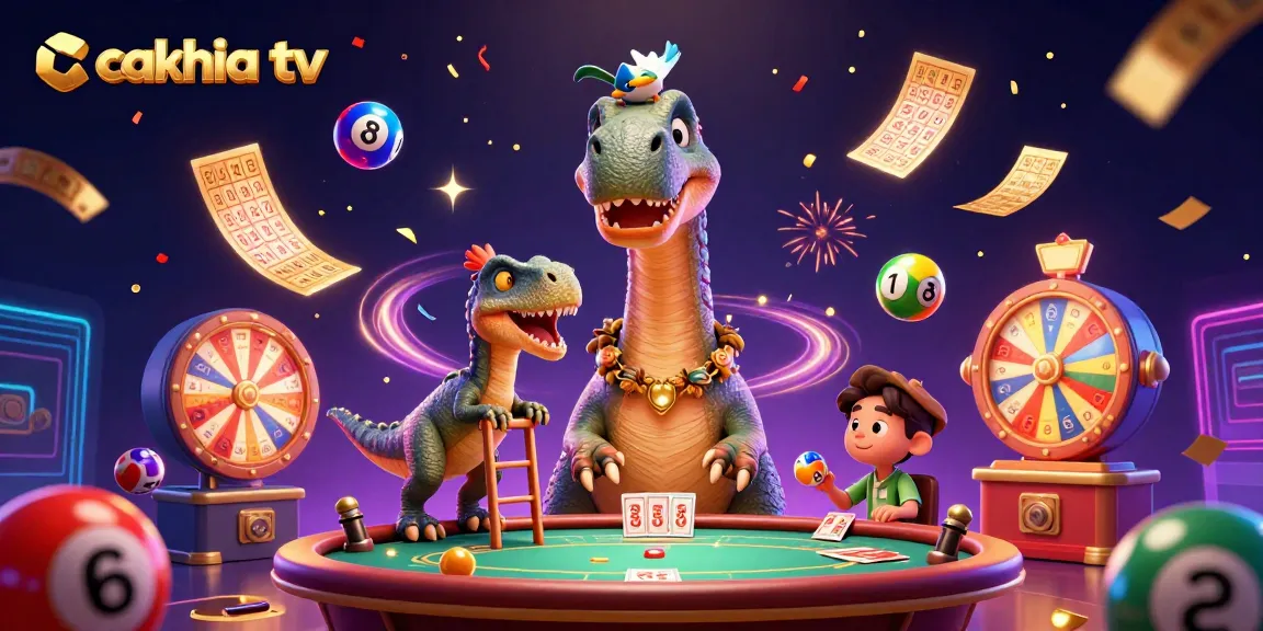 The 3D illustration captures cakhia tv with a brontosaurus and clever raptor in an energetic casino scene.