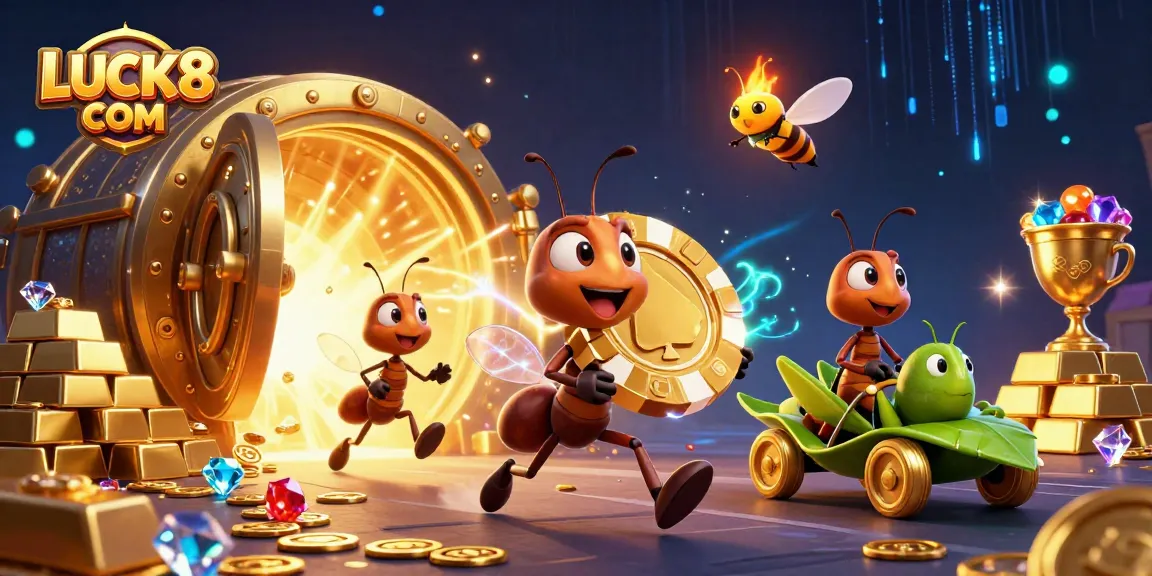 Engaging scene with LUCK8 COM illustrating ants heisting a giant poker chip, showcasing excitement.