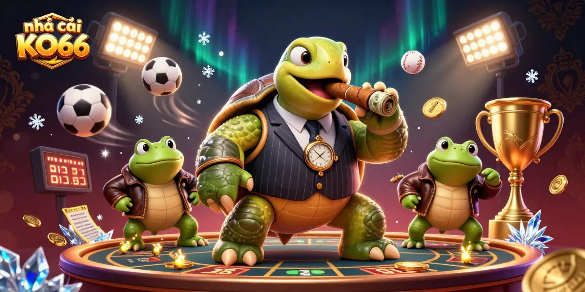 Engage with nhà cái KO66 featuring a cartoon turtle mobster and bullfrogs on a vibrant casino scene.