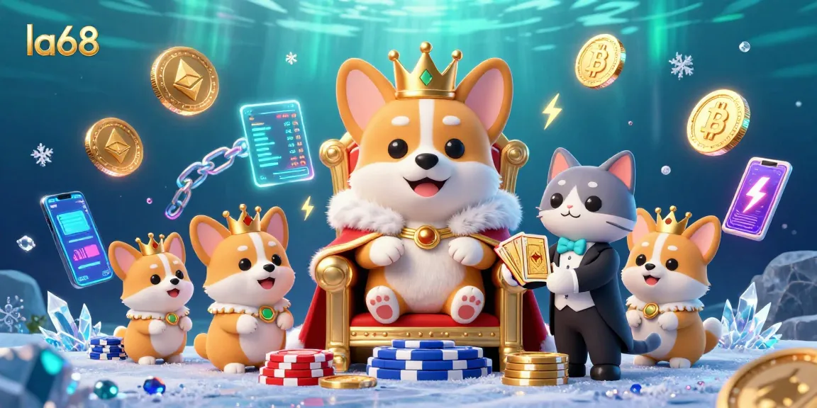 la68 players enjoying vibrant casino environment with royal corgi, neon crypto coins, and sparkling effects