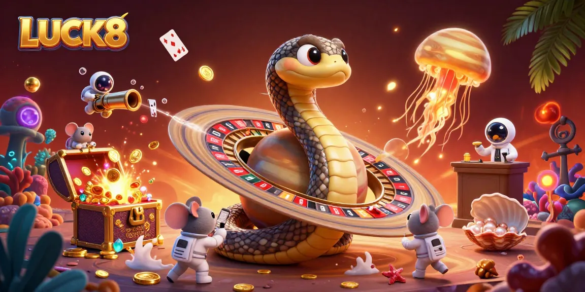Experience LUCK8 excitement with astronaut mice betting on Saturn's roulette rings in a cosmic casino.
