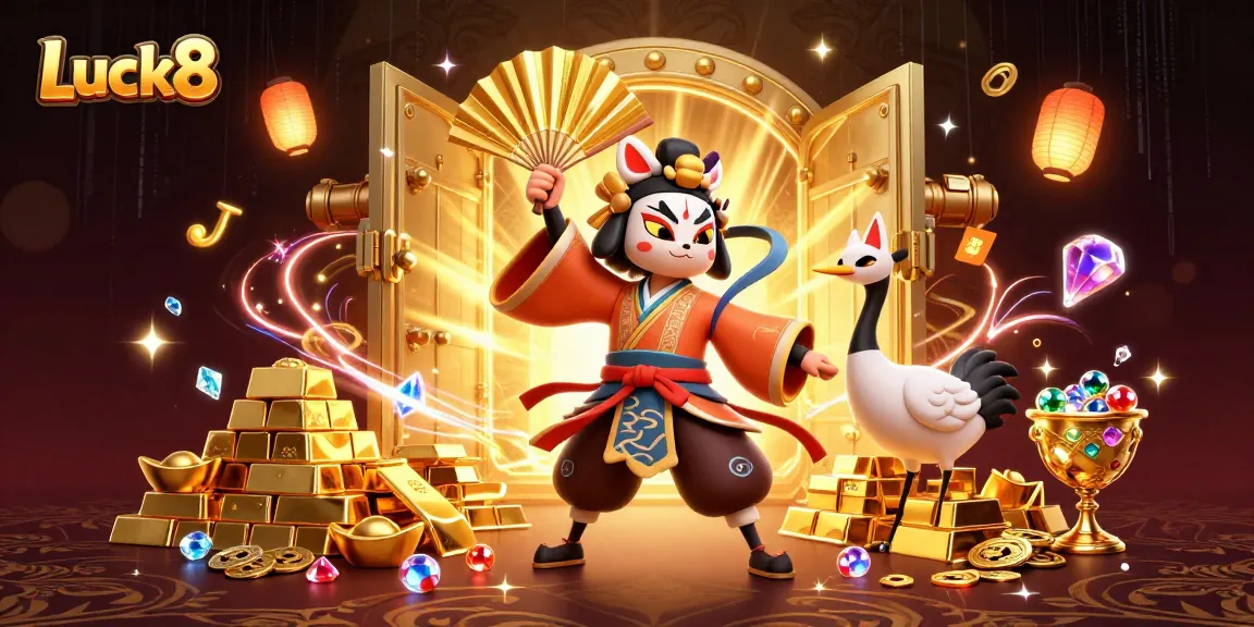 Experience the thrill of Luck8 with vibrant characters and treasures in a stunning 3D casino scene.