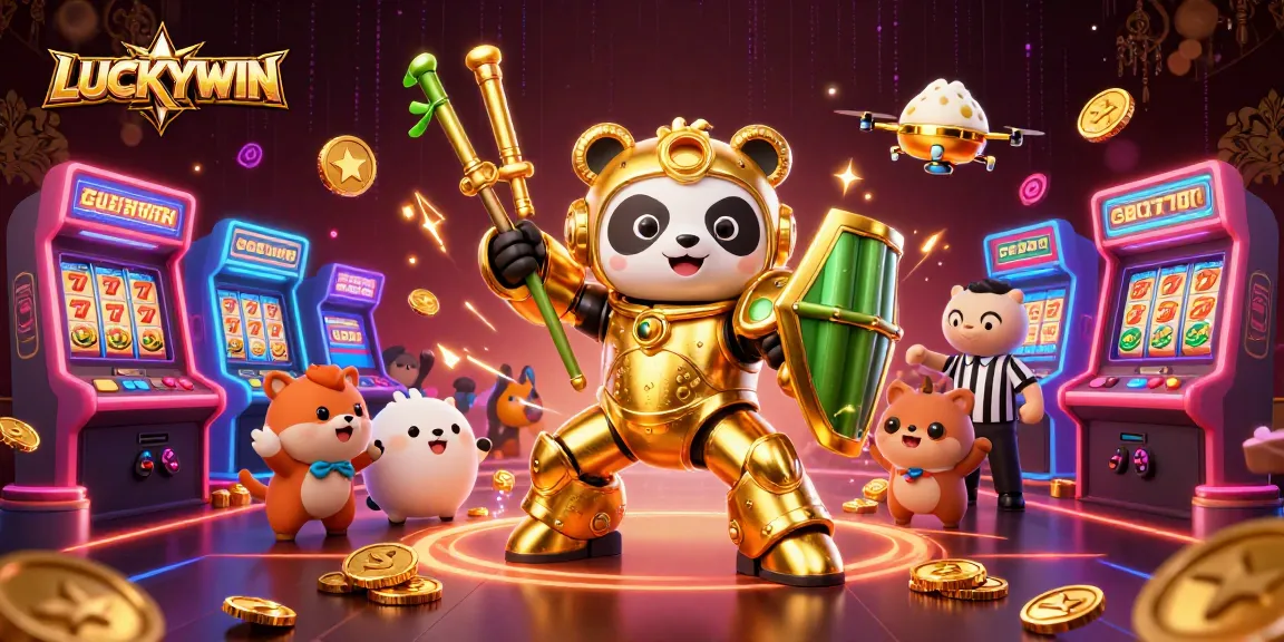 Engaging scene of LUCKYWIN with 3D cartoon mech-suit panda piloting golden robot amidst vibrant casino elements.