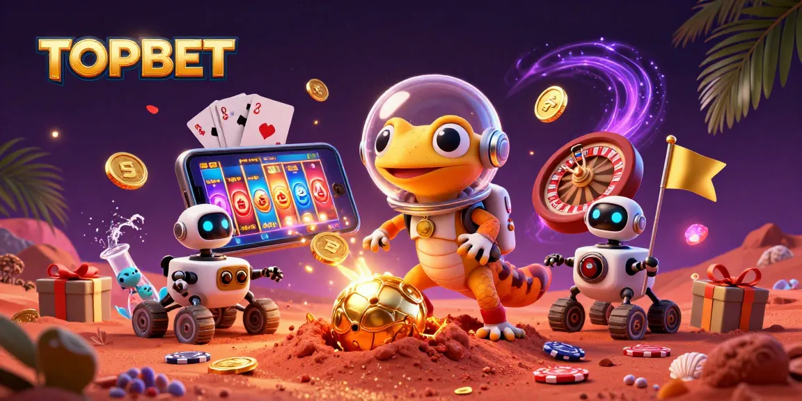 Engage with TOPBET in this colorful scene of a Martian gecko discovering a golden casino.