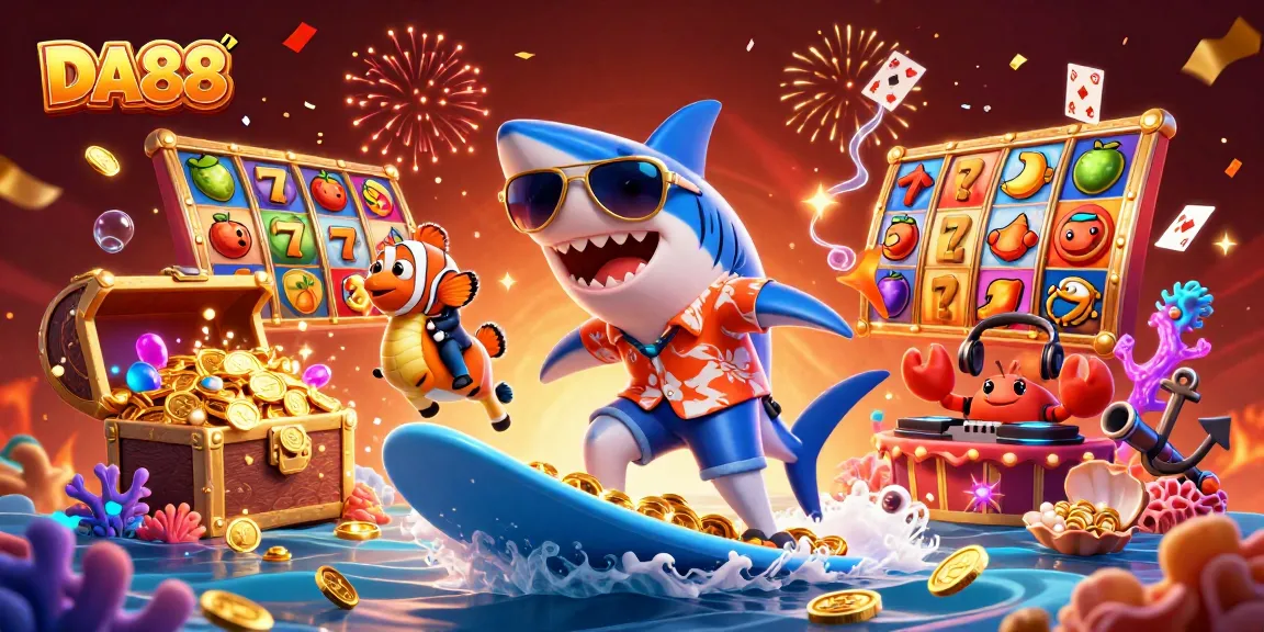 Surf the golden wave with the DA88 shark and friends in this vibrant casino scene!