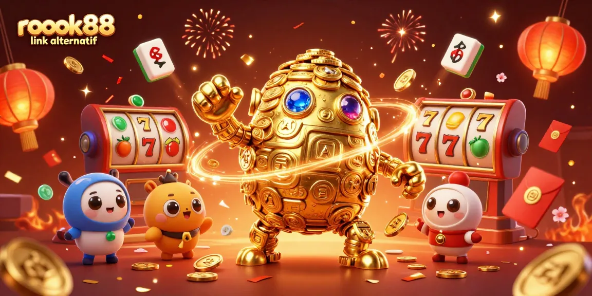 Spin with excitement at rokok88 link alternatif featuring vibrant casino elements and golden characters.
