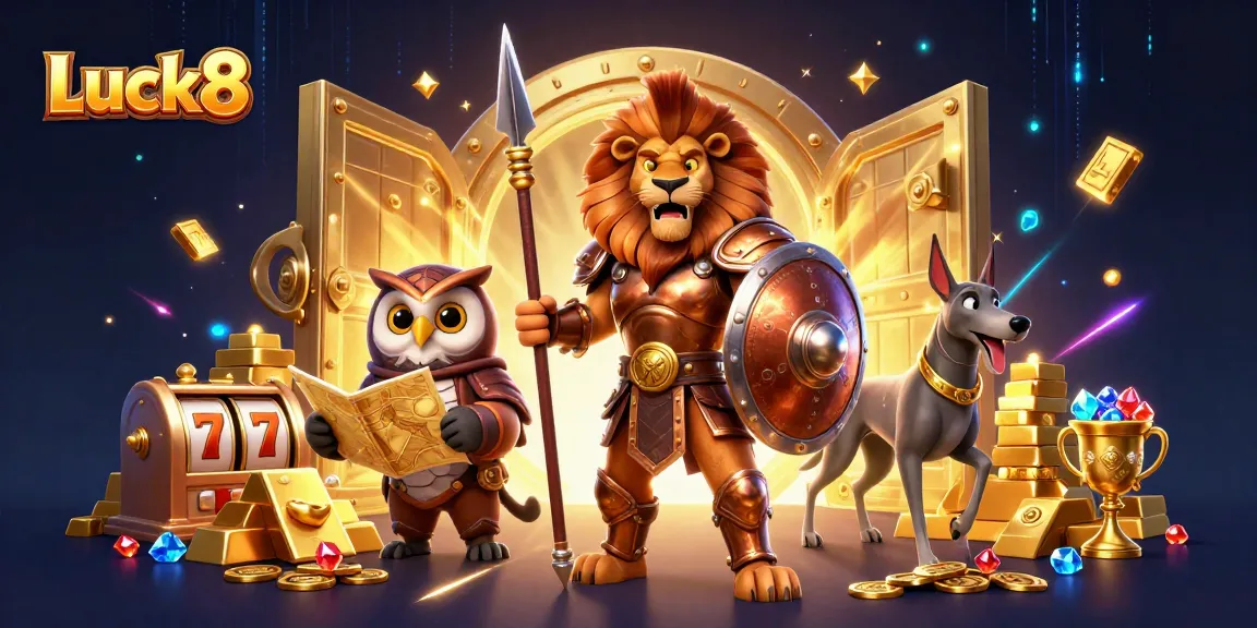 Experience excitement at Luck8 with a vibrant scene of gaming elements, winning strategies, and engaging characters.